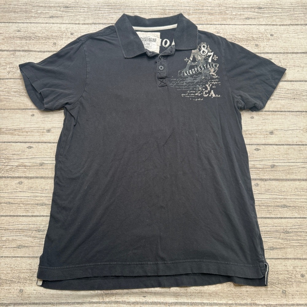 Y2K Aeropostale Polo Shirt Men's XL Black Athletic Pique Short Sleeve Streetwear